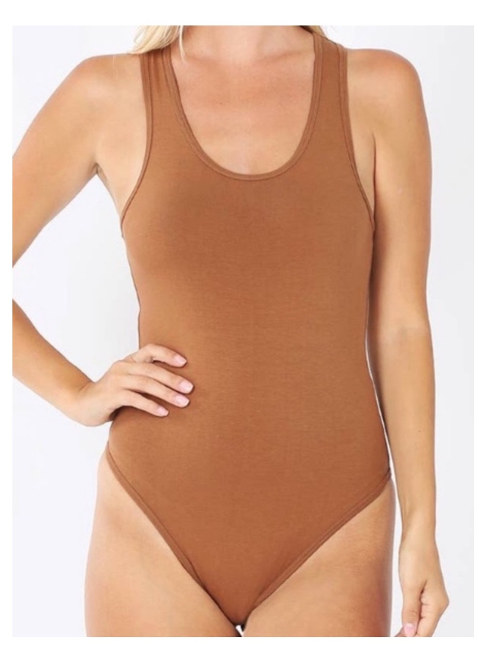NWT ZENANA Premium Cotton Racerback Bodysuit in Deep Camel SMALL
